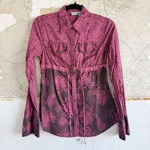 Y2K Western Blouse Paisley Print Button Up Boho Babydoll Top Snaps Lace Womens M
